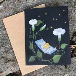 Librarian Gift, Teacher Appreciation, Retirement Card, Woodland Summer Mouse Card, Mouse Moonflowers and Fireflies, Magical Mouse image 1