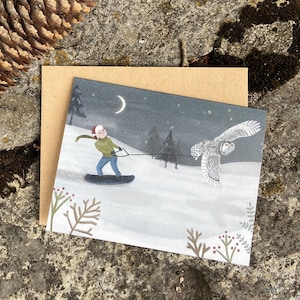 Carte chouette unique, Cartes de snowboard, Cartes d'extérieur, Cartes d'hiver, Cartes de voeux fantaisistes