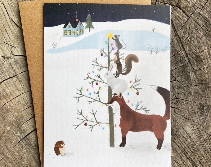 Wildlife Christmas Card, Forest Animal Holiday Card, Whimsical Woodland