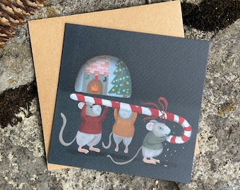 Christmas Mice Greeting Card, Holiday Mouse Illustration, Mouse Stationary, Mouse Christmas, Cozy Winter Card, Painted Mouse Christmas Card