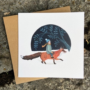 Fox-kerstkaarten, magische vos, illustratie wintervos, kerstvos, kerstkaart