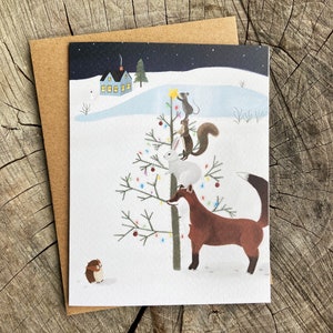 Tarjeta navideña con animales salvajes, tarjeta navideña con animales del bosque, tarjeta navideña con animales del bosque extravagantes, tarjeta de felicitación navideña con zorros