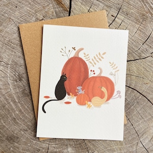 Jolie carte de Thanksgiving, citrouille d'automne, carte souris et chat noir, anniversaire d'automne