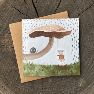 Mushroom Birthday Card, Mushroom Swing Mouse Greeting Card, Woodland Animal, Cottagecore, Mouse Card, Snail Card, Illustrated Card image 1