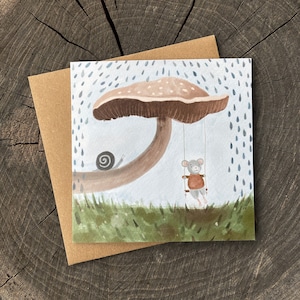 Verjaardagskaart paddestoel, slakkaart, wenskaart paddestoel swing muis, bosdier, Cottagecore, muiskaart, geïllustreerde kaart