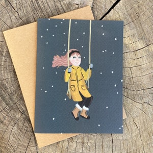 Carte d'anniversaire fantaisiste, carte d'anniversaire amusante pour petite-fille, cartes de voeux tempête de neige, cartes de voeux enfants sur la balançoire, cartes mignonnes