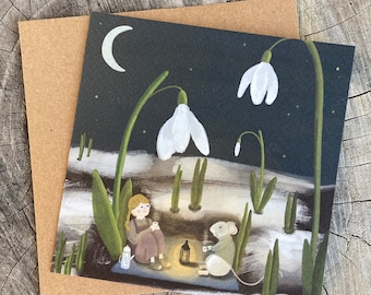 Fairytale Art Card, Magical Fairytale Mouse, Tea Party in Snowdrops, Animal Art Card, Dark Color Greeting Card