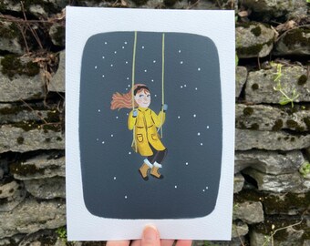 Girl on Swing Art, Friendship Print, Painting Girl on Swing, Simple Nursery Artwork Decor, Children in Snow, Playroom Artwork, Gray Nursery