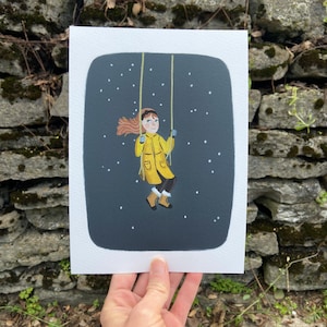 May include: A girl in a yellow raincoat swings on a swing set against a dark blue background with white dots. The girl has brown hair and is wearing brown boots.