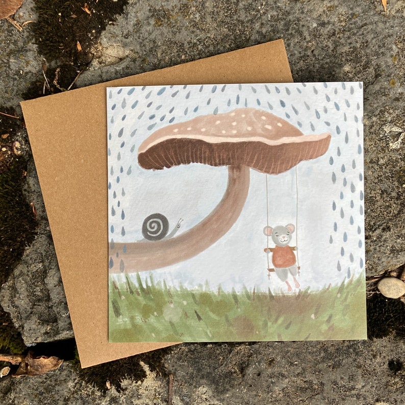 Mushroom Birthday Card, Mushroom Swing Mouse Greeting Card, Woodland Animal, Cottagecore, Mouse Card, Snail Card, Illustrated Card image 3