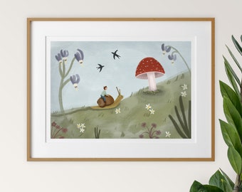 Snail Art Print: Whimsical Nursery Decor, Mushroom Adventure
