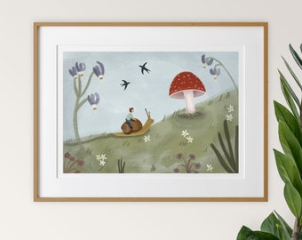 Mushroom Decor, Snail Art Print, Snail Nursery Decor, Snail Wall Art, Adventure Art, Whimsical Wildlife Art