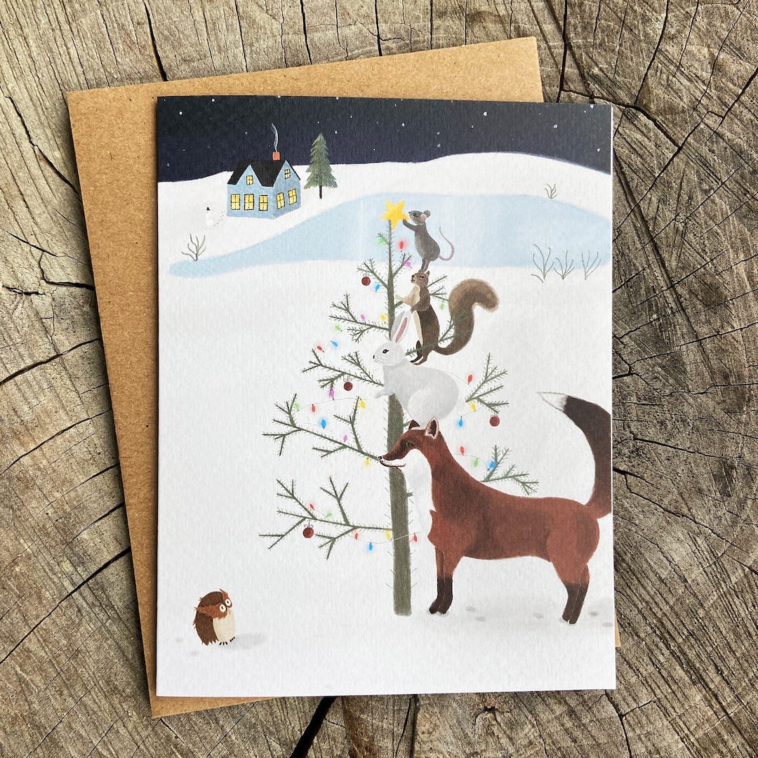 Wildlife Christmas Card, Forest Animal Holiday Card, Whimsical Woodland