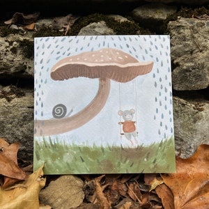 Mushroom Birthday Card, Mushroom Swing Mouse Greeting Card, Woodland Animal, Cottagecore, Mouse Card, Snail Card, Illustrated Card image 4