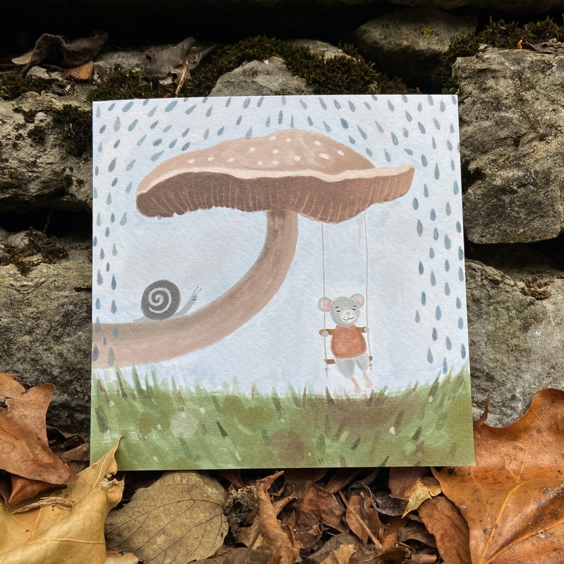 Mushroom Birthday Card, Mushroom Swing Mouse Greeting Card, Woodland Animal, Cottagecore, Mouse Card, Snail Card, Illustrated Card image 4