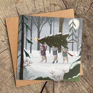 Cartão de Natal de coelho, animais da floresta de inverno, cartão de Natal de animais caprichosos, cartão de árvore de Natal de coelho, cena de neve caprichosa