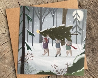 Bunny Rabbit Christmas Card, Winter Woodland Animals, Whimsical Animal Holiday Card, Rabbit Christmas Tree Card, Whimsical Snow Scene