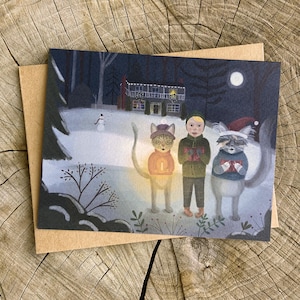 Animals Singing Christmas Carols Card: Boy and Cats Holiday Card