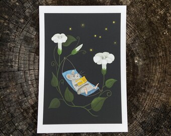 Mouse Art,  Firefly Art,  Moonflowers and Fireflies, Cottagecore Kids Decor, Hammock, Woodland Magical Fairytale Painting, Small Mouse,