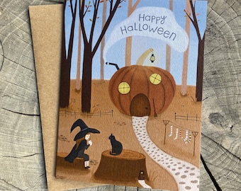Tarjeta de Halloween caprichosa: Bruja, gato negro y casa de calabaza