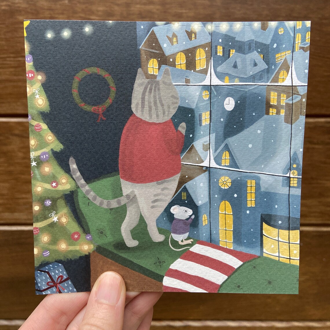 Cat Christmas Card: Cute Tabby Cat & Mouse Holiday Art - Etsy