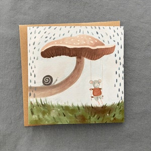Mushroom Birthday Card, Mushroom Swing Mouse Greeting Card, Woodland Animal, Cottagecore, Mouse Card, Snail Card, Illustrated Card image 5