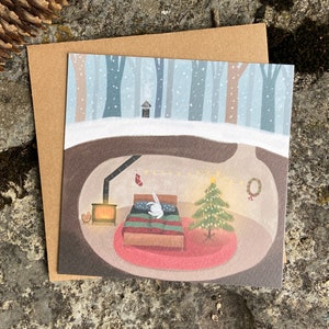 Tarjeta de felicitación navideña con conejo, acogedora tarjeta de invierno, tarjeta navideña estilo cottagecore