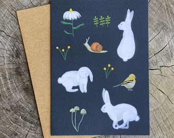 Rabbit Note Card Set, Nature Cards, Spring Bunnies Greeting Card, Snail Card, Spring Bird Art, Mushroom, Blank Bunny Cards with Envelopes