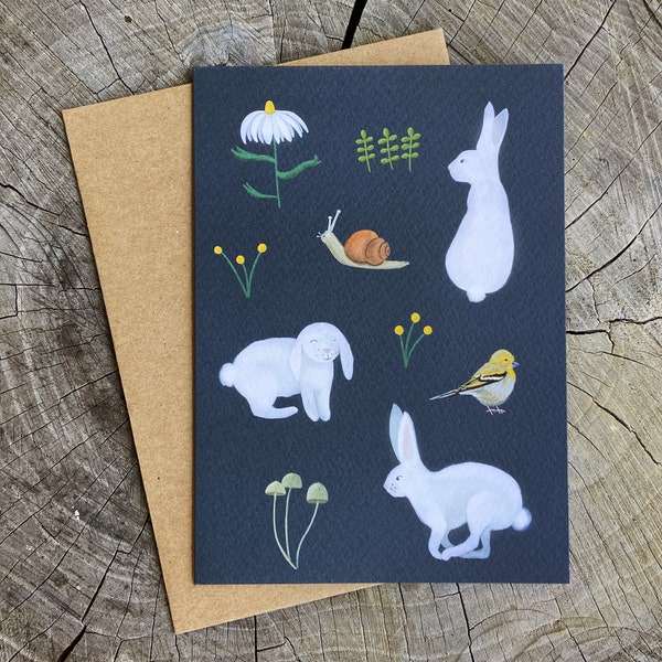 Rabbit Note Card Set, Nature Cards, Spring Bunnies Greeting Card, Snail Card, Spring Bird Art, Mushroom, Blank Bunny Cards with Envelopes