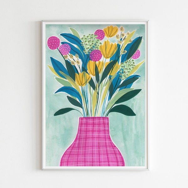 Bright Floral Vase Blue, Digital Print