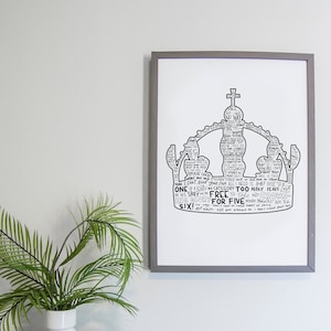 May include: A framed wall art print featuring a black and white graphic of a crown composed of various handwritten words and phrases, including "FREE FOR FIVE" and "ONE OF A KIND," enclosed in a simple gray frame hanging on a plain wall.