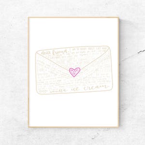 May include: A rectangular print featuring a light brown line drawing of an envelope. The envelope is filled with handwritten text and sealed with a small, bright pink heart containing the words 'he loves me'. The text includes 'dear friend' and 'vanilla ice cream'.