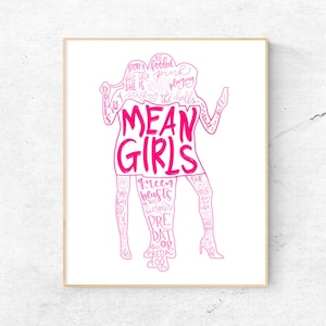 May include: A rectangular wall art print featuring a hot pink silhouette of a person standing in high heels. The silhouette is filled with handwritten text including the words MEAN GIRLS, BE DON'T FOOLED BY THE PINK, SHE IS NOT PLAYING, and PREDATOR.