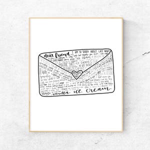 May include: A rectangular white print featuring a black line drawing of an envelope. The envelope is filled with handwritten text and includes a small heart icon in the center with the words "she loves me" and "vanilla ice cream" at the bottom.
