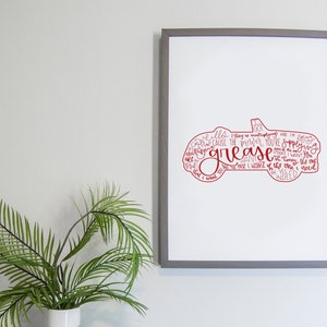 Grease Musical Silhouette Print | Hand Lettered | Red | Digital Download