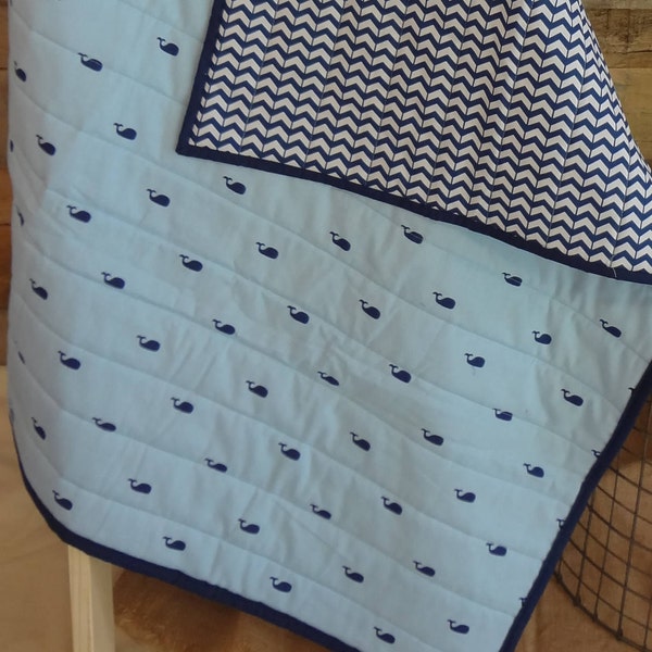 baby quilt whales blue navy chevron modern blanket tummy time mat handmade cotton nursery decor shower gift stripes lap blanket car seat