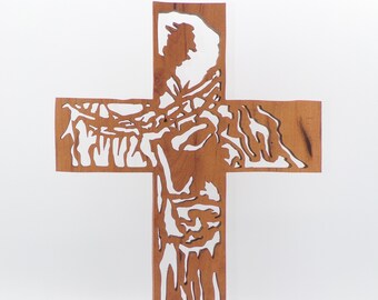 Jesus Portrait Wood Cross Cherry | 7" x 10" Wall Decor | Inspirational Wall Decor | Rustic Wall Cross | Hand Cut Cross | Handmade Cross