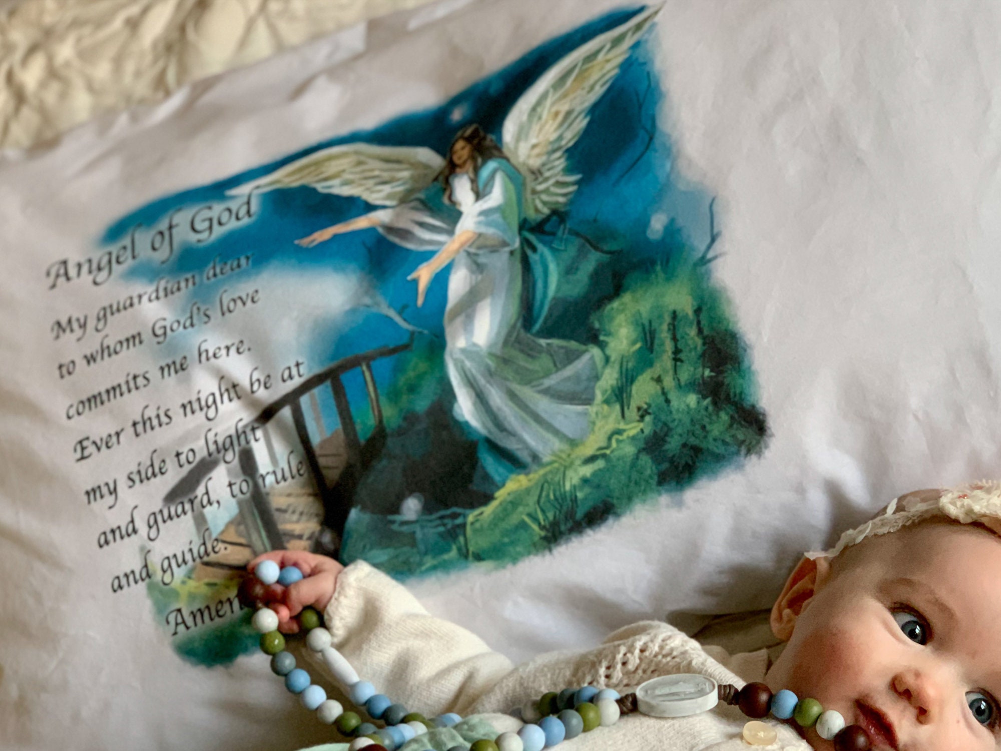 Guardian Angel With Angel of God Prayer on Pillowcase, Catholic Boys