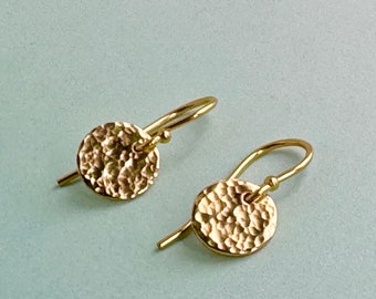 Tiny Minimalist Gold Hammered Earrings Simple Gold Filled Earrings Dangle Earrings Textured Earrings Dangle Earrings Every Day Jewelry