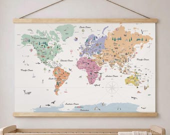 Spring Illustrated Reference World Map with Countries, Borders, Landmarks | Hanging Canvas Educational World Map | Reference Series