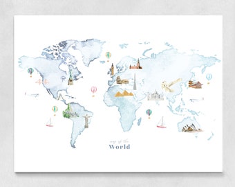 World Map Wall Art | art print, landmark, wall decor, nursery decor, world map poster, birthday gift, travel map, watercolor map, kids room