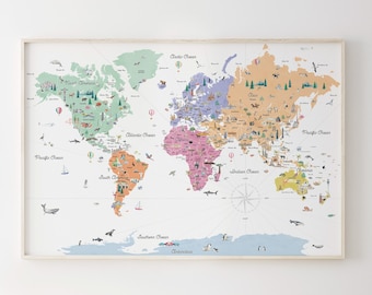 Carte du monde éducative pastel | Carte du monde des enfants | Pépinière | Carte du monde de l'enseignement à domicile | Impression de voyage | Décoration d'intérieur | Carte du monde colorée