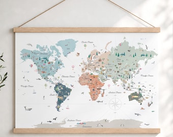 Sky Illustrated Reference World Map with Countries, Borders, Landmarks | Hanging Canvas Educational World Map | Reference Series