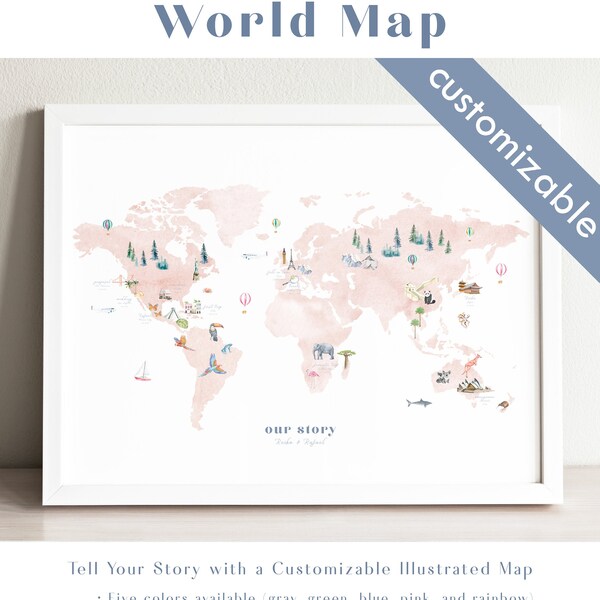 Custom Illustrated World Map Wall Art, personalized nursery decor, wedding gift, world map poster, kids world map, travel map, watercolor