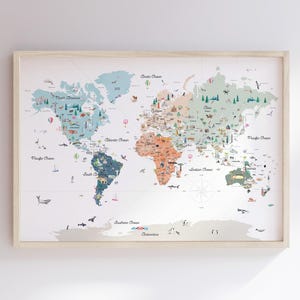 Mapa mundial educativo enmarcado con países, fronteras y lugares de interés / Escandinavo / Impresión artística de mapa en acuarela