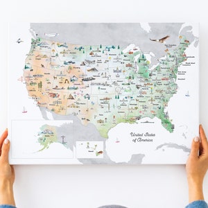 Canvasverloop Geïllustreerde kaart Verenigde Staten | kunst aan de muur, reizen, wereldkaart voor kinderen, kinderkamerinrichting, wereldkaart, aquarelkaart, thuisonderwijs
