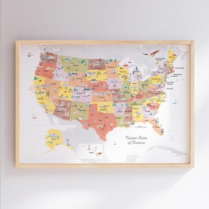 Carte pédagogique des États-Unis, encadrée, tons terre | Carte politique | Impression de carte des Etats-Unis | Carte du monde de la pépinière | Carte de voyage pour enfants | Amérique
