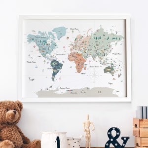 Scandi Neutrals educatieve wereldkaart afdrukbaar | Kinderkamer Decor Wereldkaart | Landenkaart | Wereldkaart kunst aan de muur | Montessorionderwijs aan huis