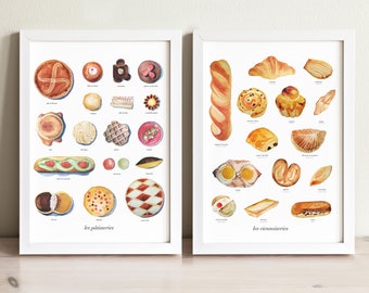 Pâtisseries Viennoiseries Art Prints | wall art, wall decor, housewarming gift, kitchen decor, home decor, watercolor painting, French, food