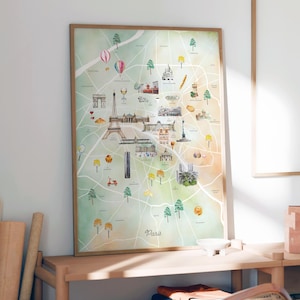 Kunstdruk stadskaart Parijs | aquarel kunst aan de muur, wanddecoratie, slaapkamerinrichting, woondecoratie, housewarmingcadeau, kinderkamerinrichting, reizen, kinderkamer